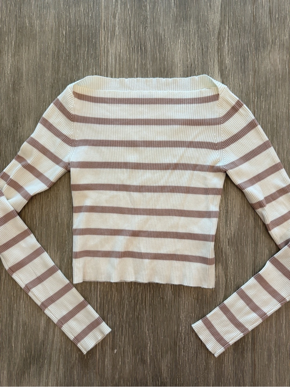Double Zero Cream and Light Brown Striped Ribbed Boatneck Sweater size M